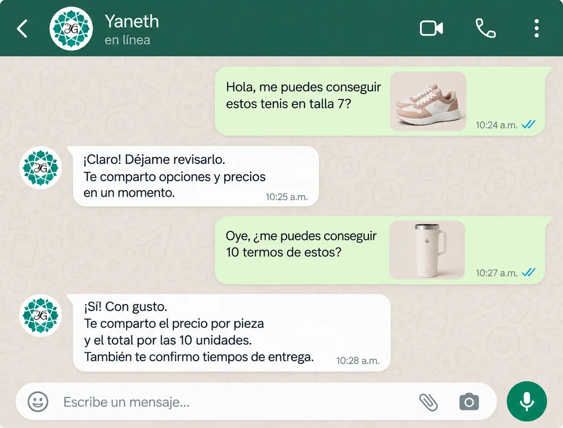 Ejemplo de conversación por WhatsApp: una clienta pide unos tenis en talla 7 y después 10 termos, y Yaneth responde que revisa opciones y le comparte precio por pieza, total y tiempos de entrega.